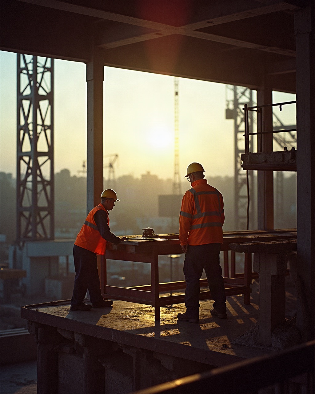 Two workers mid-task, backlit by low sun, faces in shadow, the work in their hands sharp.
