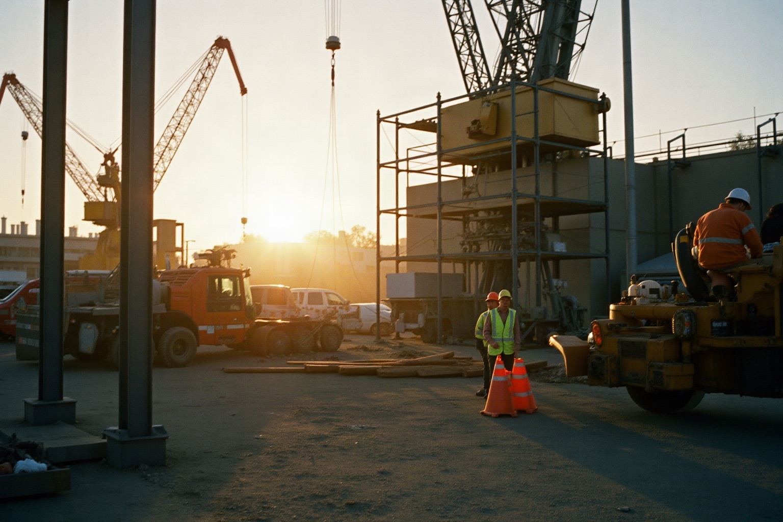 End of the day on site: gear packed down and the last light on steel.