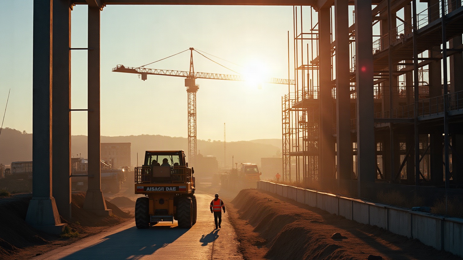 A live industrial site at first light: a crane line against the dawn sky and a small crew in high-vis walking in from the gate.