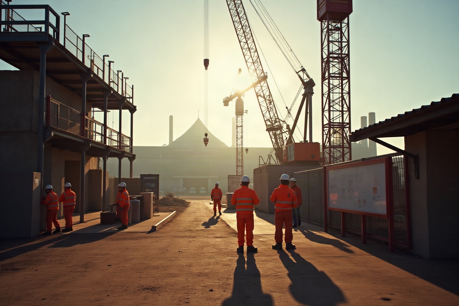 Pre-start at a site gate: an induction board and PPE station in the foreground, boots, gloves and hard hats going on, the site soft behind.