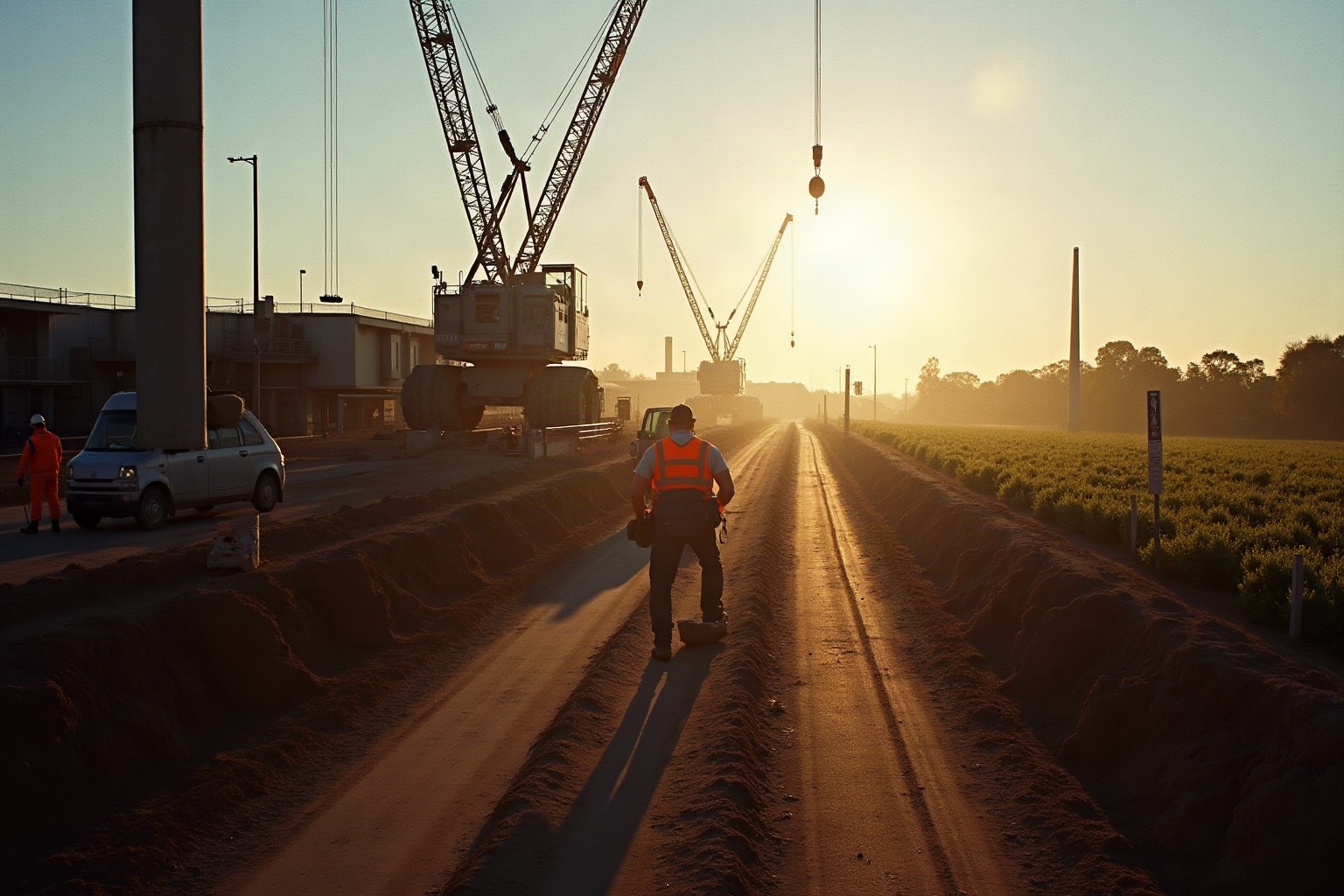 Vineyard rows at dawn with a worker in the mid-ground.