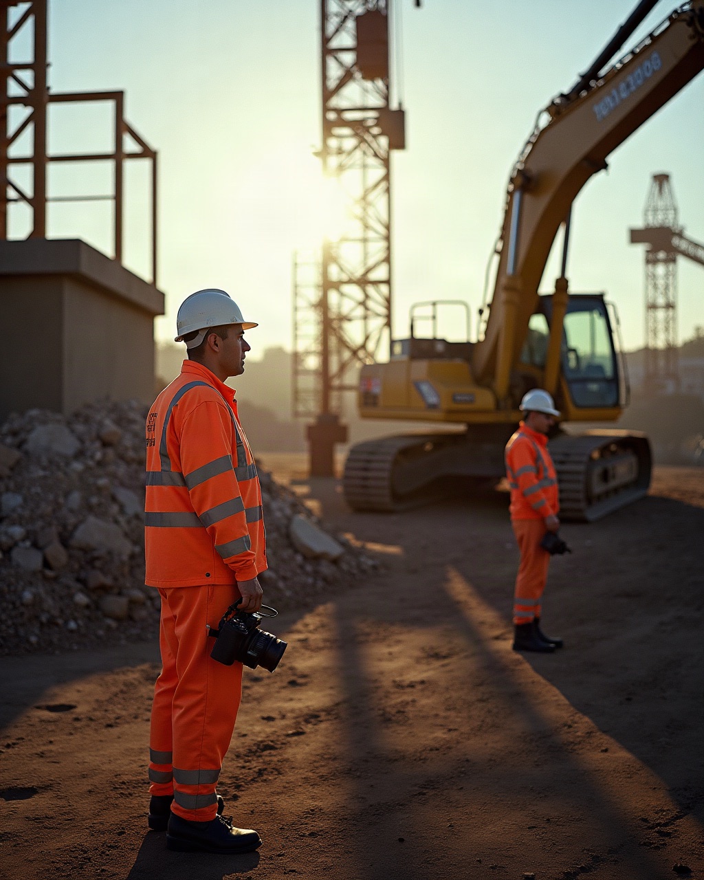 A photographer on site at dawn in high-vis, camera in hand, face turned to the work.